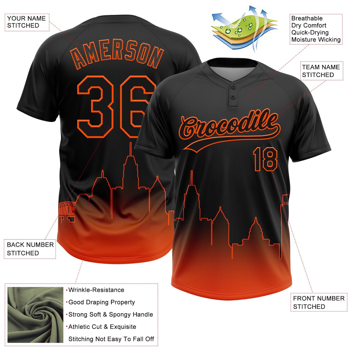 Custom Black Orange Baltimore City Edition Gradient Two-Button Unisex Softball Jersey