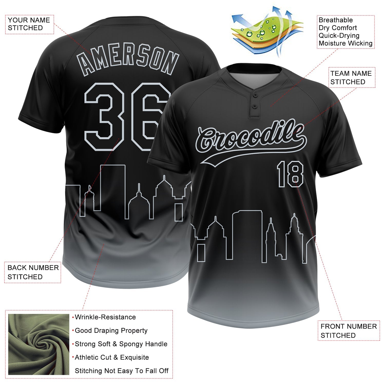 Custom Black Silver Oakland City Edition Gradient Two-Button Unisex Softball Jersey
