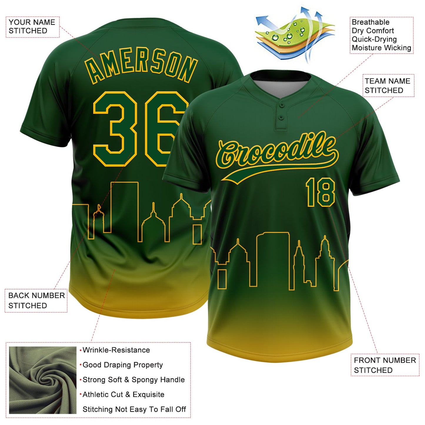 Custom Green Gold Oakland City Edition Gradient Two-Button Unisex Softball Jersey