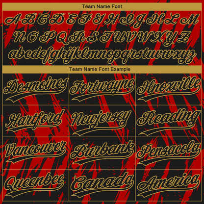 Custom Black Red-Old Gold Splatter Torn Sharp Brush Stroke Two-Button Unisex Softball Jersey