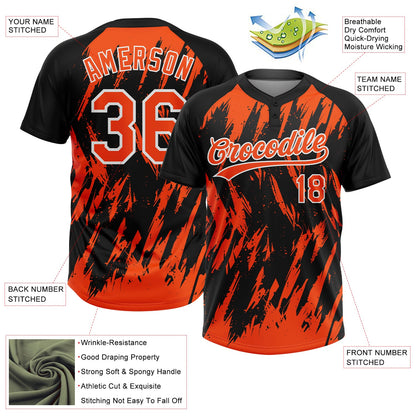 Custom Black Orange-White Splatter Torn Sharp Brush Stroke Two-Button Unisex Softball Jersey