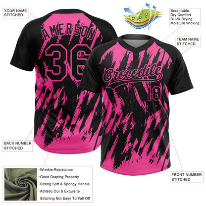 Custom Black Pink Splatter Torn Sharp Brush Stroke Two-Button Unisex Softball Jersey