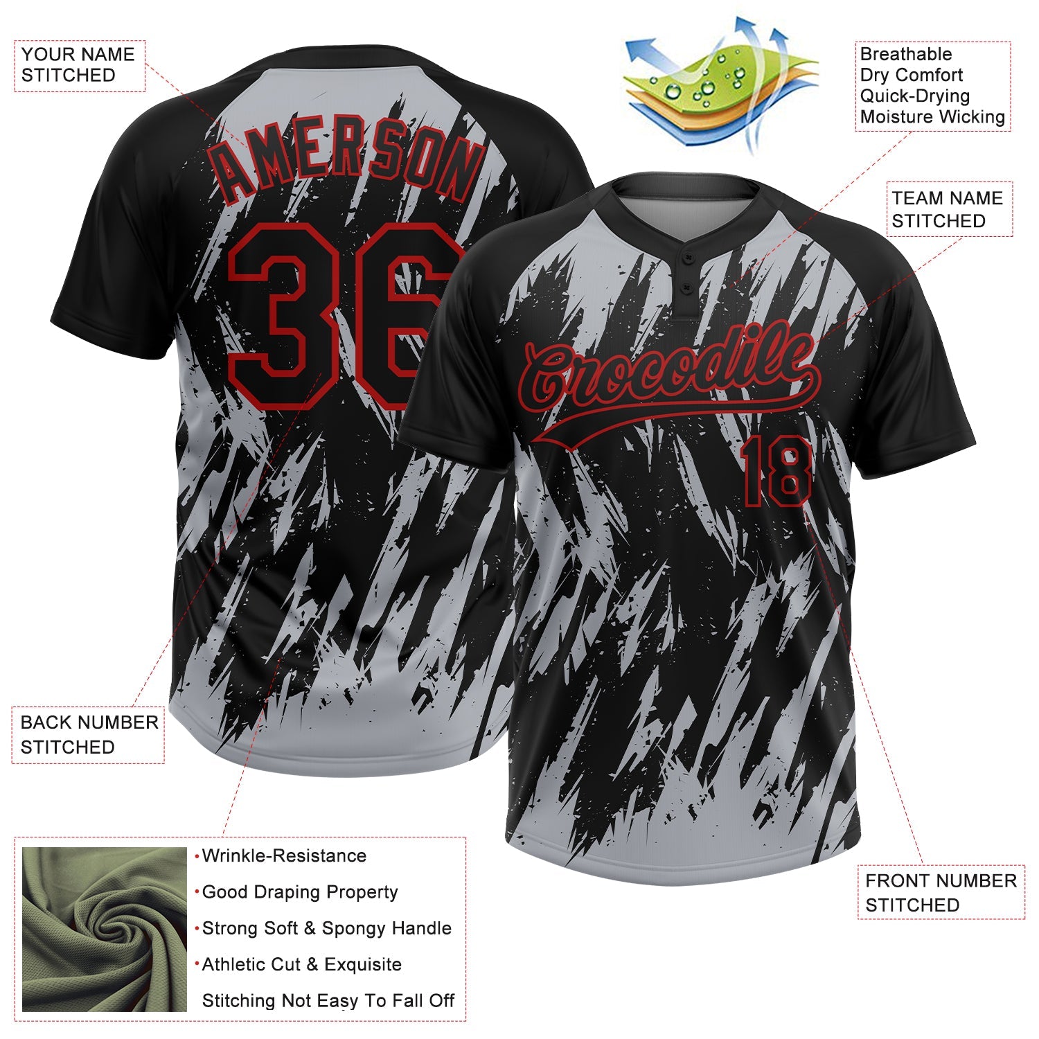Custom Black Gray-Red Splatter Torn Sharp Brush Stroke Two-Button Unisex Softball Jersey