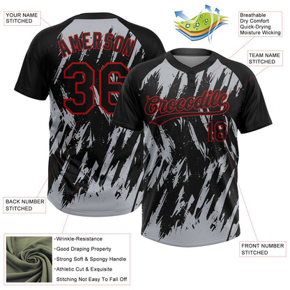 Custom Black Gray-Red Splatter Torn Sharp Brush Stroke Two-Button Unisex Softball Jersey