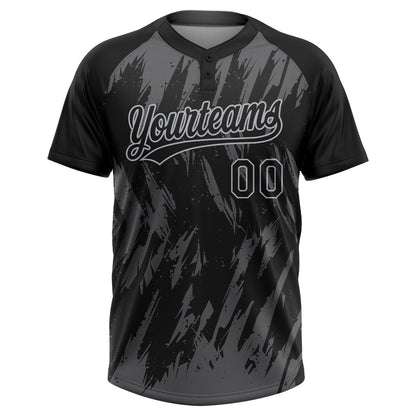 Custom Black Steel Gray-Gray Splatter Torn Sharp Brush Stroke Two-Button Unisex Softball Jersey