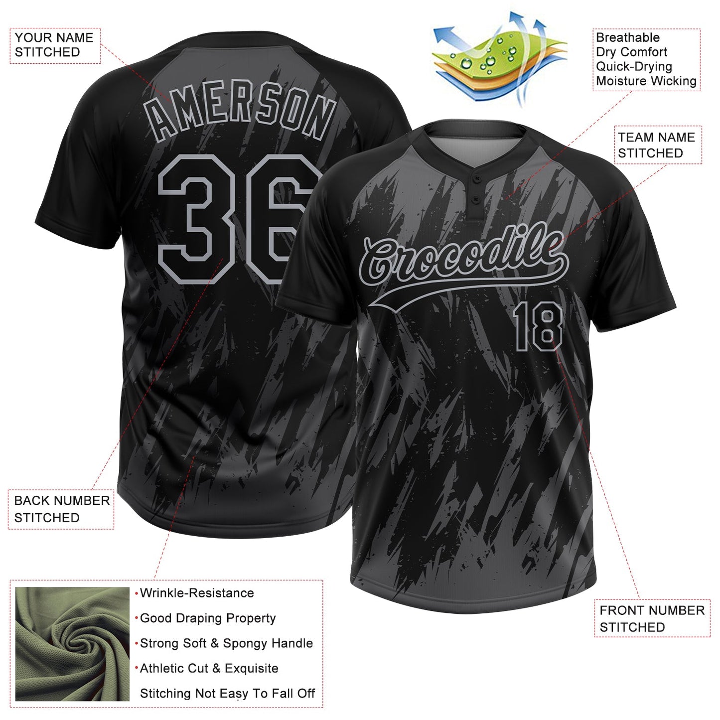Custom Black Steel Gray-Gray Splatter Torn Sharp Brush Stroke Two-Button Unisex Softball Jersey