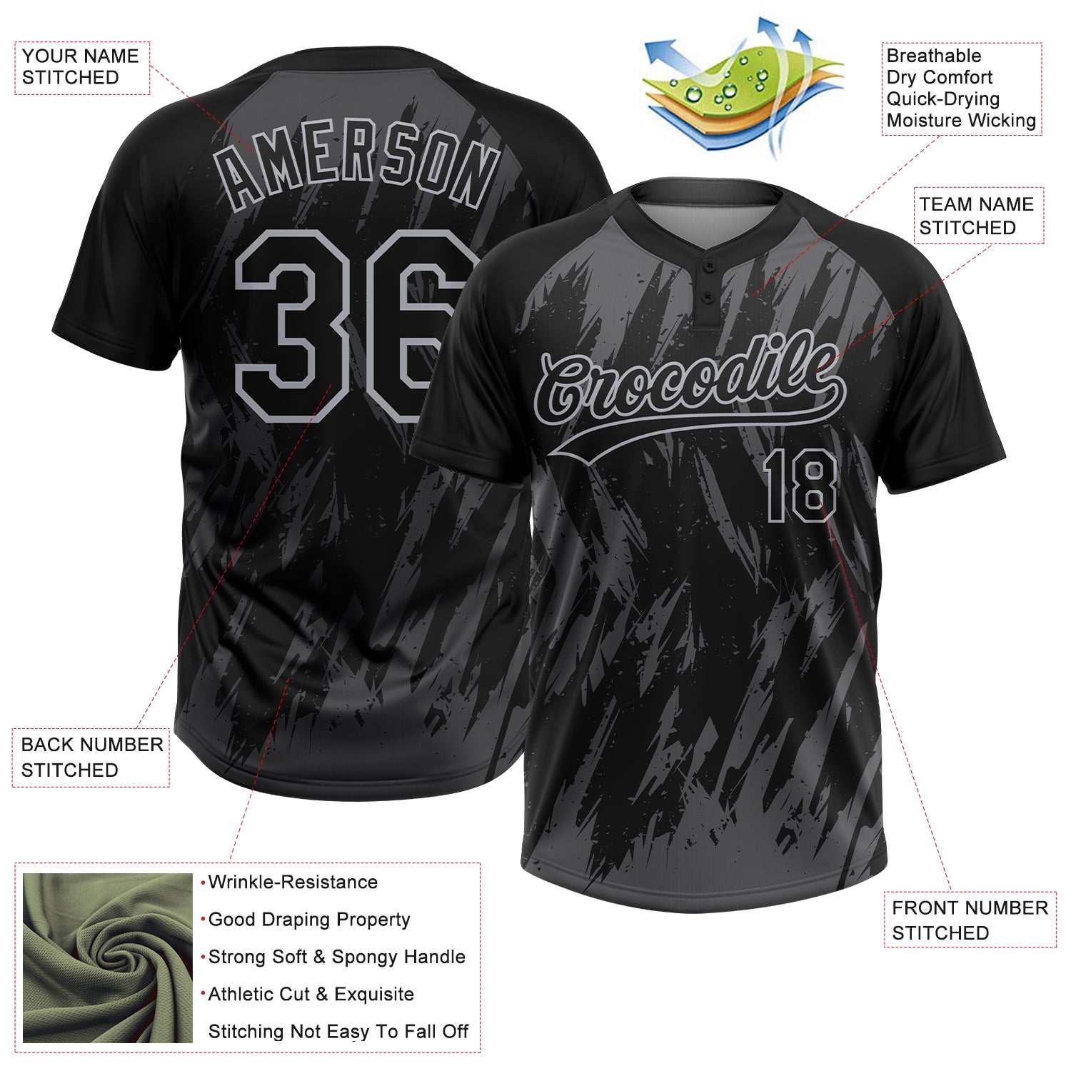Custom Black Steel Gray-Gray Splatter Torn Sharp Brush Stroke Two-Button Unisex Softball Jersey