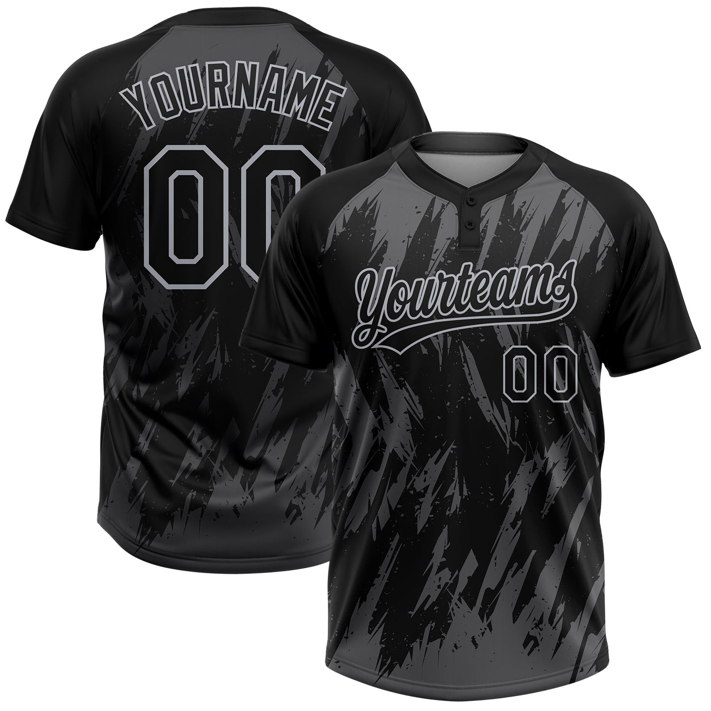 Custom Black Steel Gray-Gray Splatter Torn Sharp Brush Stroke Two-Button Unisex Softball Jersey