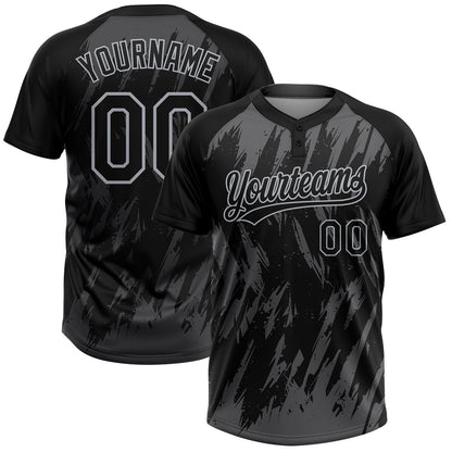 Custom Black Steel Gray-Gray Splatter Torn Sharp Brush Stroke Two-Button Unisex Softball Jersey