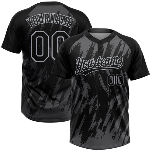 Custom Black Steel Gray-Gray Splatter Torn Sharp Brush Stroke Two-Button Unisex Softball Jersey
