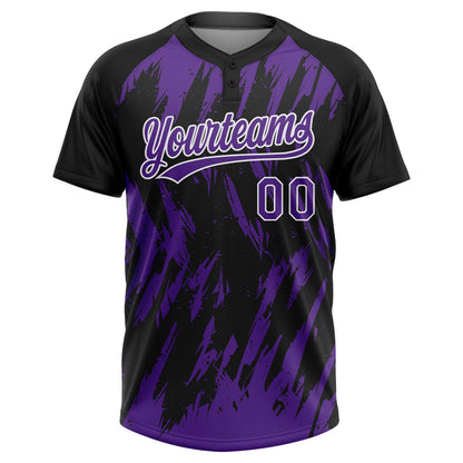 Custom Black Purple-White Splatter Torn Sharp Brush Stroke Two-Button Unisex Softball Jersey
