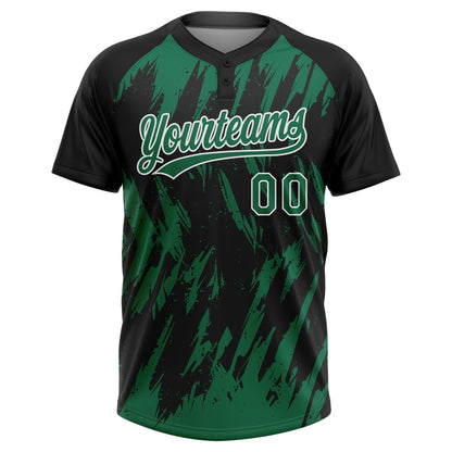 Custom Black Kelly Green-White Splatter Torn Sharp Brush Stroke Two-Button Unisex Softball Jersey