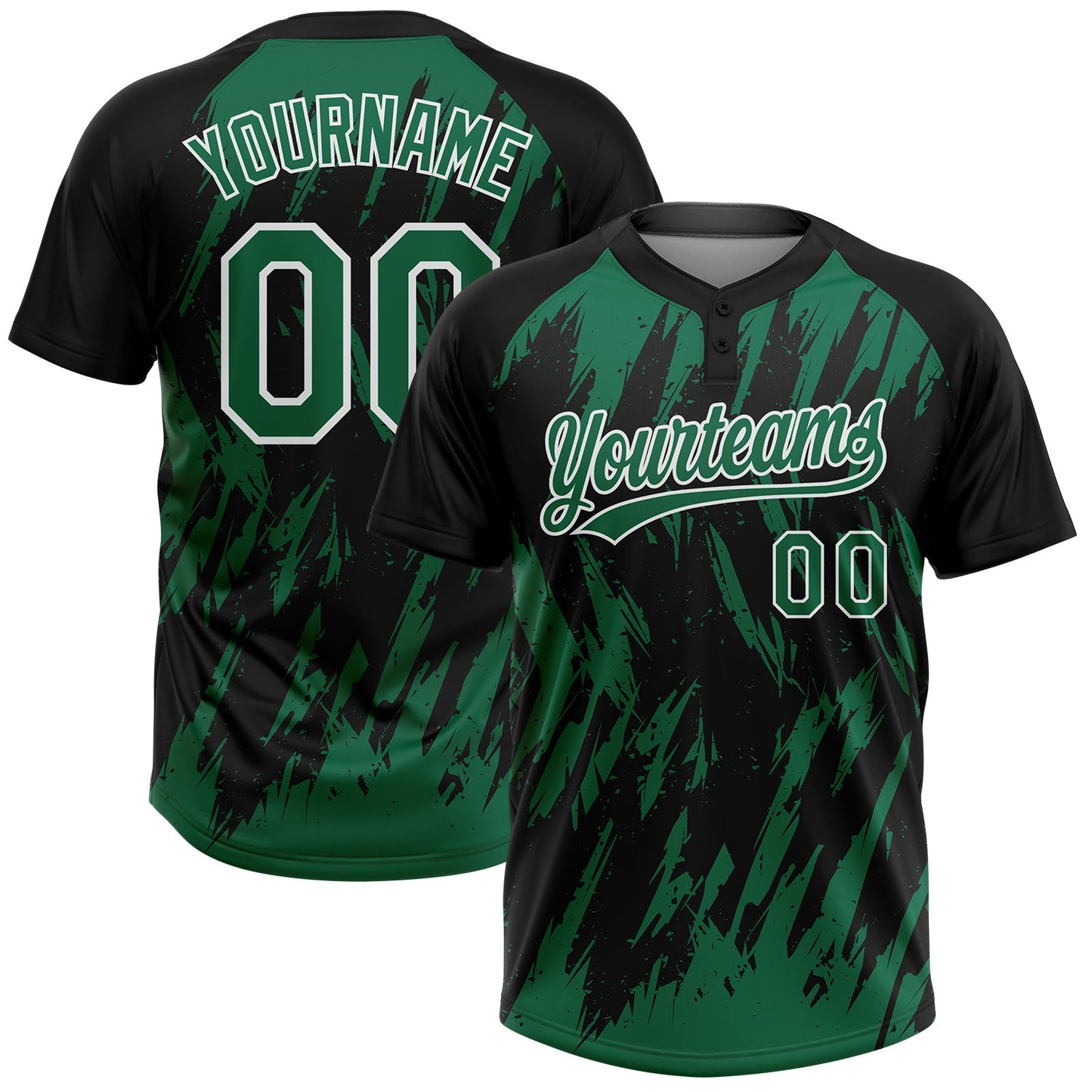 Custom Black Kelly Green-White Splatter Torn Sharp Brush Stroke Two-Button Unisex Softball Jersey