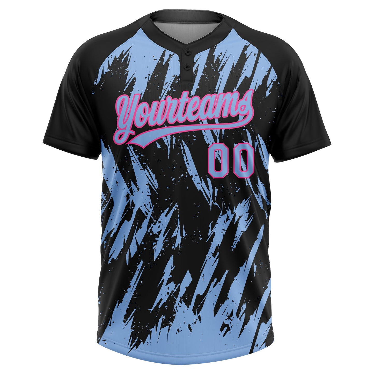 Custom Black Light Blue-Pink Splatter Torn Sharp Brush Stroke Two-Button Unisex Softball Jersey
