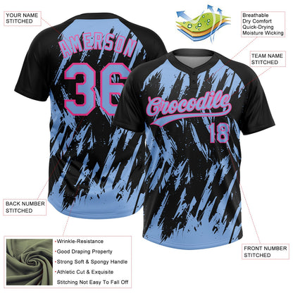 Custom Black Light Blue-Pink Splatter Torn Sharp Brush Stroke Two-Button Unisex Softball Jersey