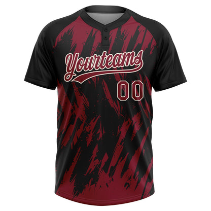 Custom Black Crimson-Cream Splatter Torn Sharp Brush Stroke Two-Button Unisex Softball Jersey
