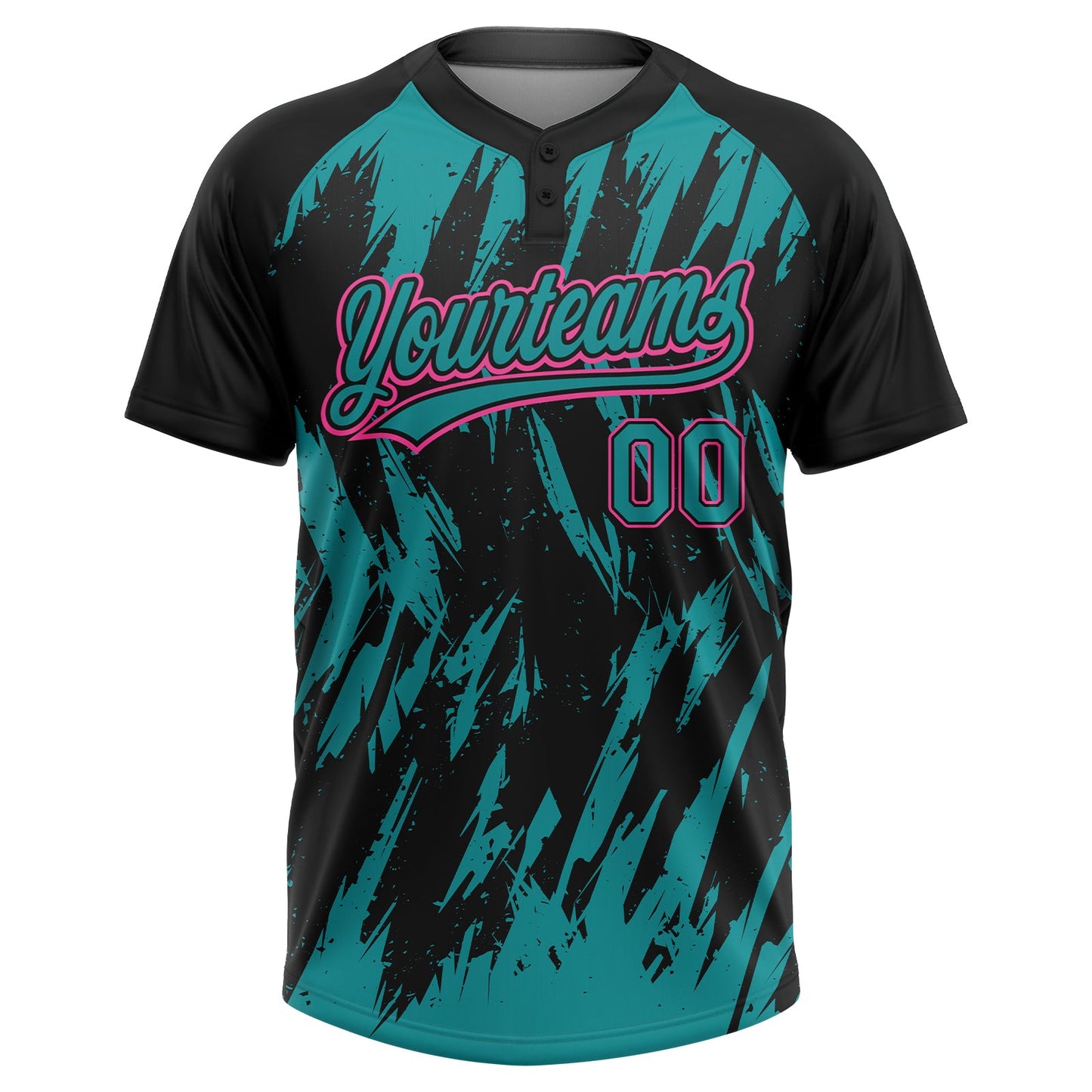 Custom Black Teal-Pink Splatter Torn Sharp Brush Stroke Two-Button Unisex Softball Jersey