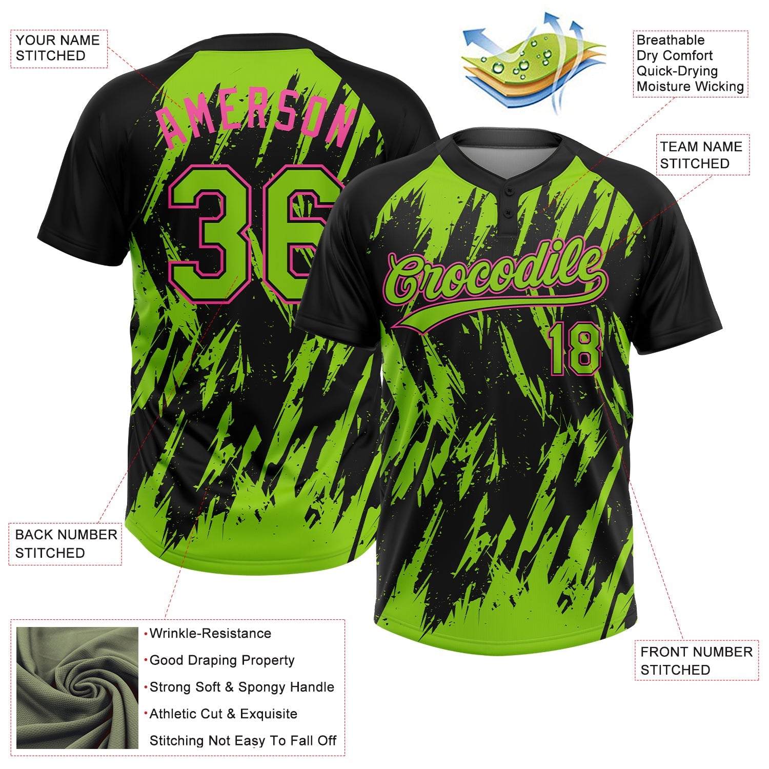 Custom Black Neon Green-Pink Splatter Torn Sharp Brush Stroke Two-Button Unisex Softball Jersey