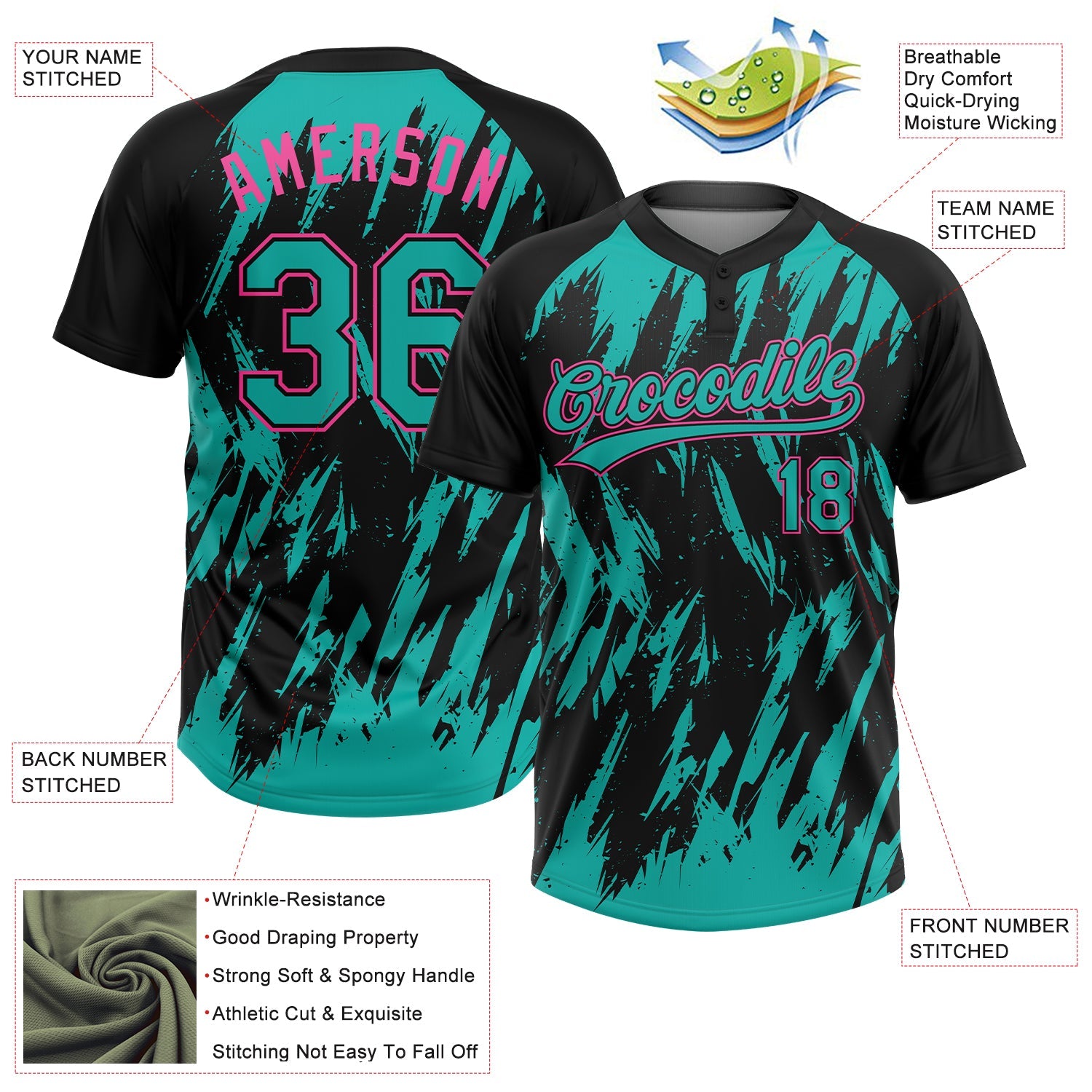 Custom Black Aqua-Pink Splatter Torn Sharp Brush Stroke Two-Button Unisex Softball Jersey