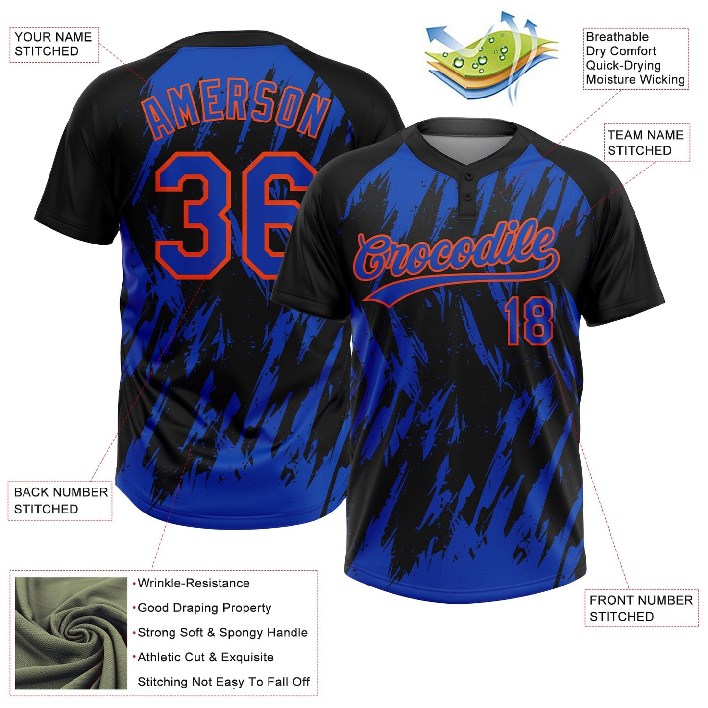 Custom Black Thunder Blue-Orange Splatter Torn Sharp Brush Stroke Two-Button Unisex Softball Jersey