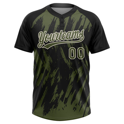 Custom Black Olive-Cream Splatter Torn Sharp Brush Stroke Two-Button Unisex Softball Jersey