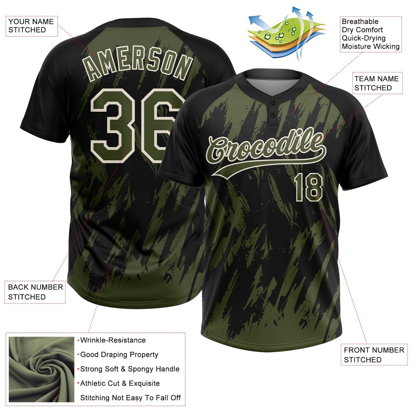 Custom Black Olive-Cream Splatter Torn Sharp Brush Stroke Two-Button Unisex Softball Jersey
