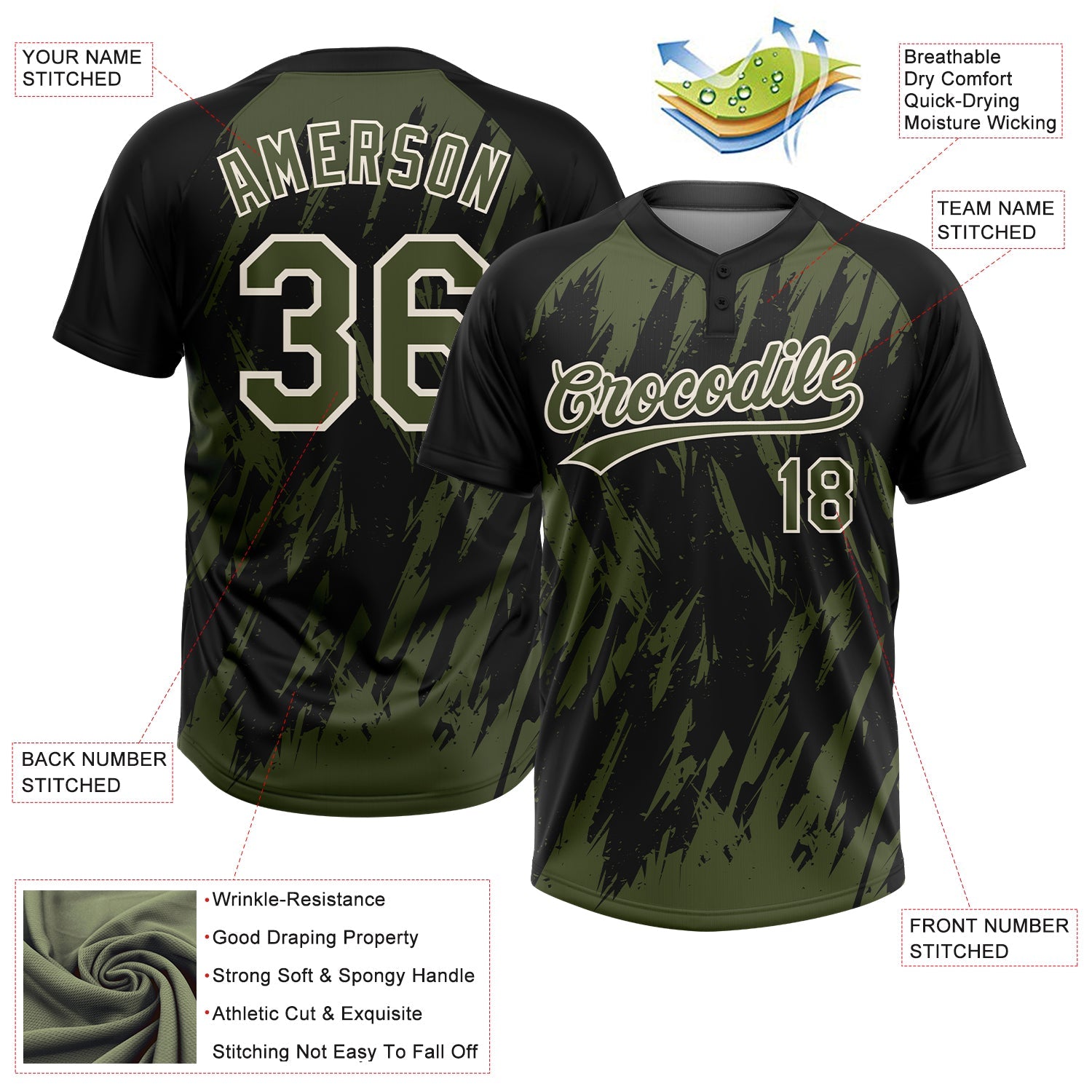 Custom Black Olive-Cream Splatter Torn Sharp Brush Stroke Two-Button Unisex Softball Jersey