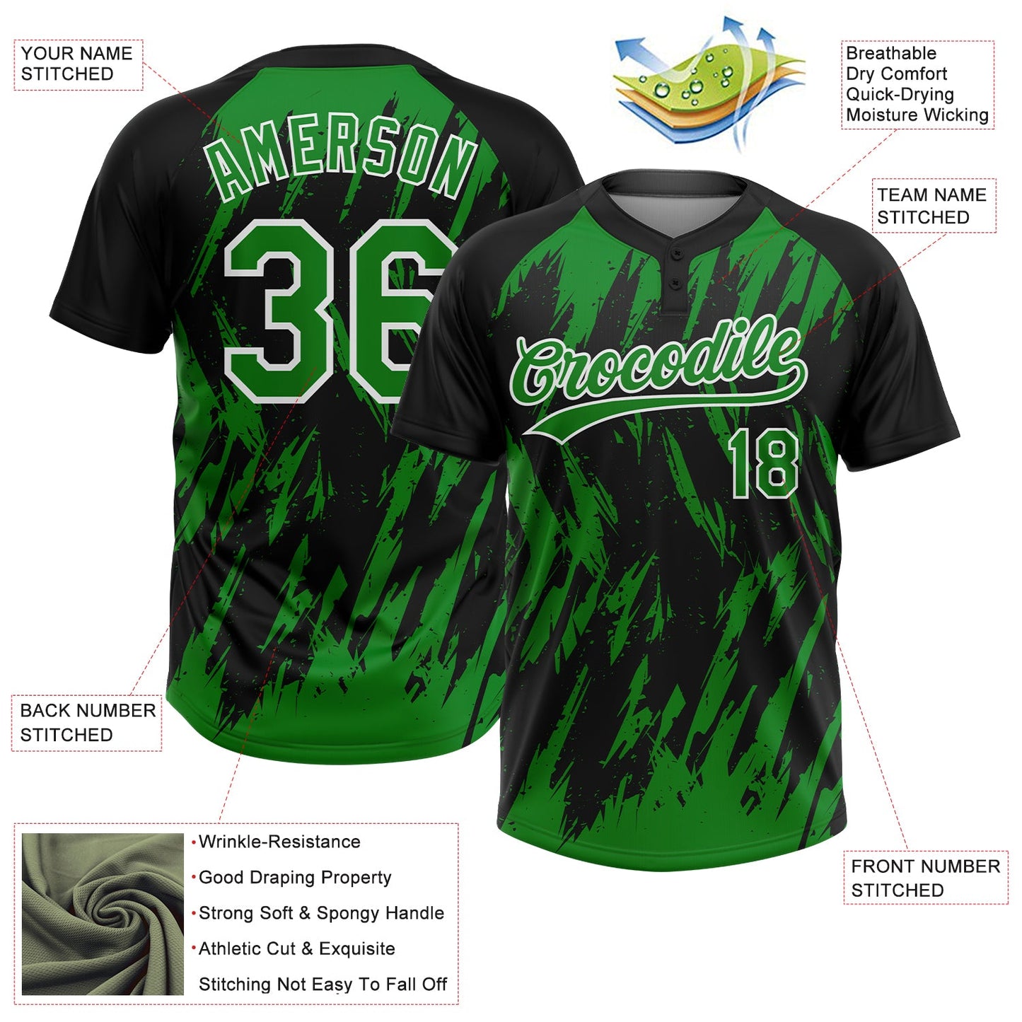 Custom Black Grass Green-White Splatter Torn Sharp Brush Stroke Two-Button Unisex Softball Jersey