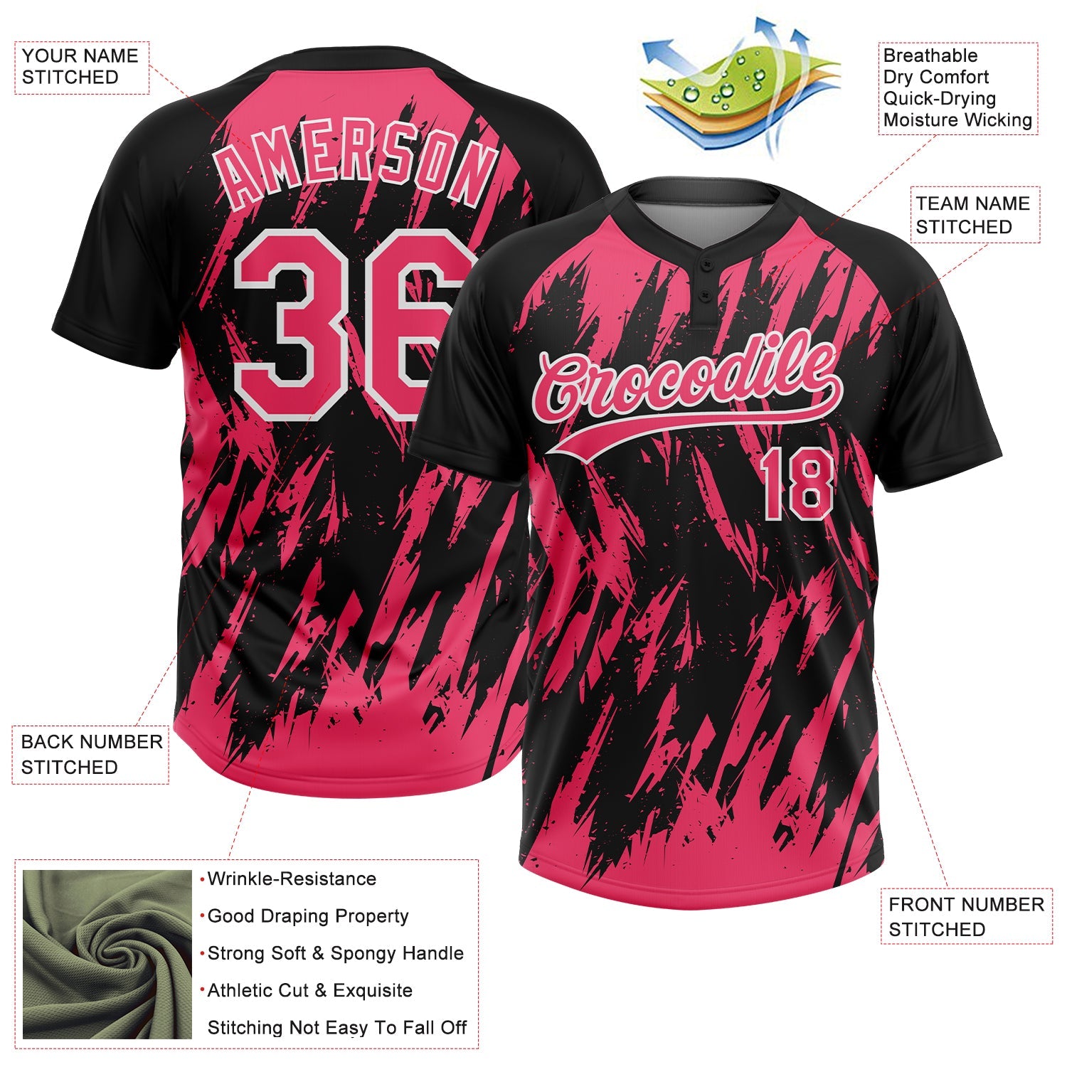 Custom Black Neon Pink-White Splatter Torn Sharp Brush Stroke Two-Button Unisex Softball Jersey