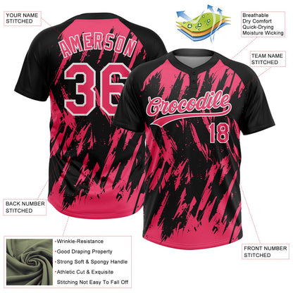 Custom Black Neon Pink-White Splatter Torn Sharp Brush Stroke Two-Button Unisex Softball Jersey