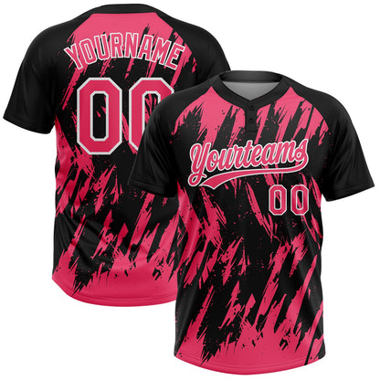 Custom Black Neon Pink-White Splatter Torn Sharp Brush Stroke Two-Button Unisex Softball Jersey