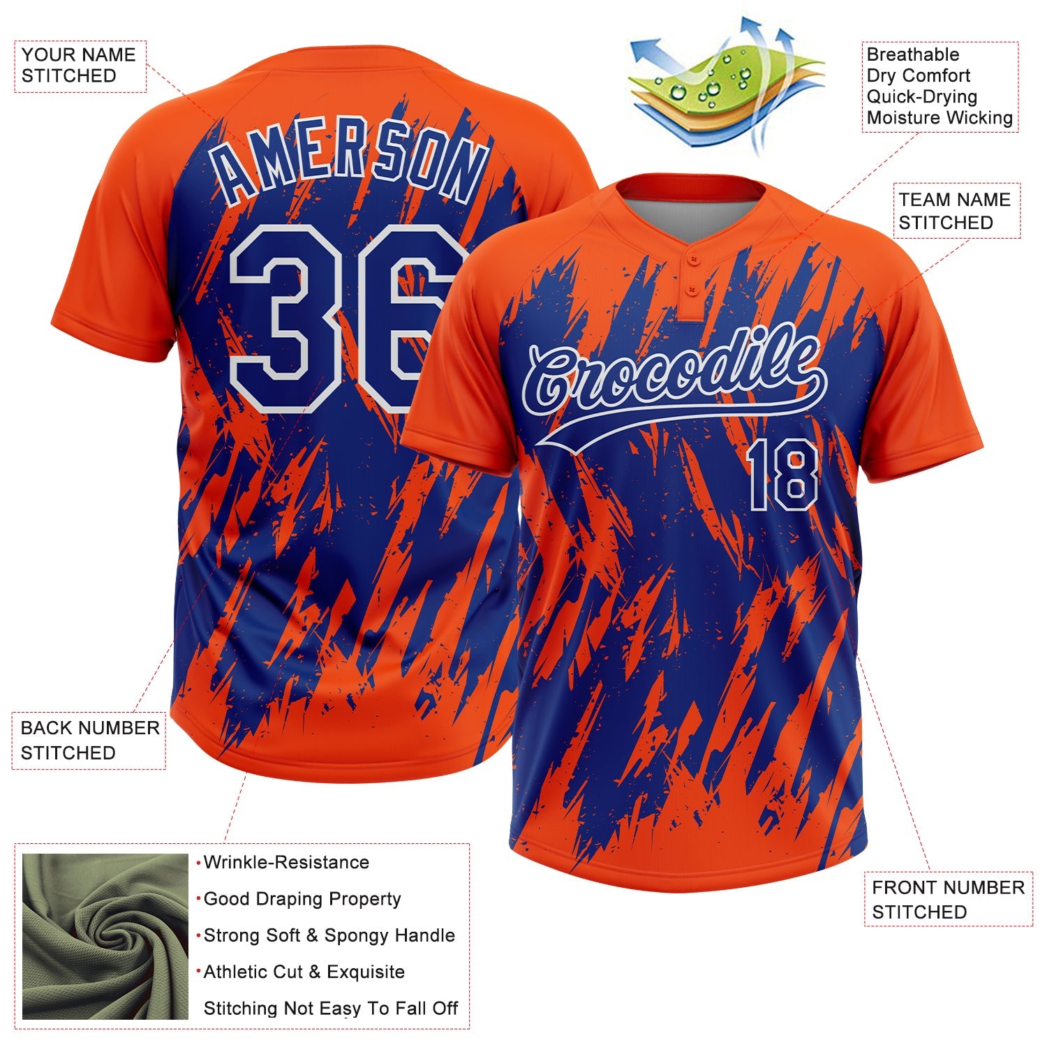 Custom Orange Royal-White Splatter Torn Sharp Brush Stroke Two-Button Unisex Softball Jersey