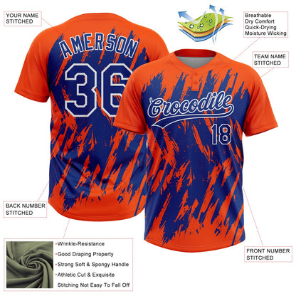 Custom Orange Royal-White Splatter Torn Sharp Brush Stroke Two-Button Unisex Softball Jersey