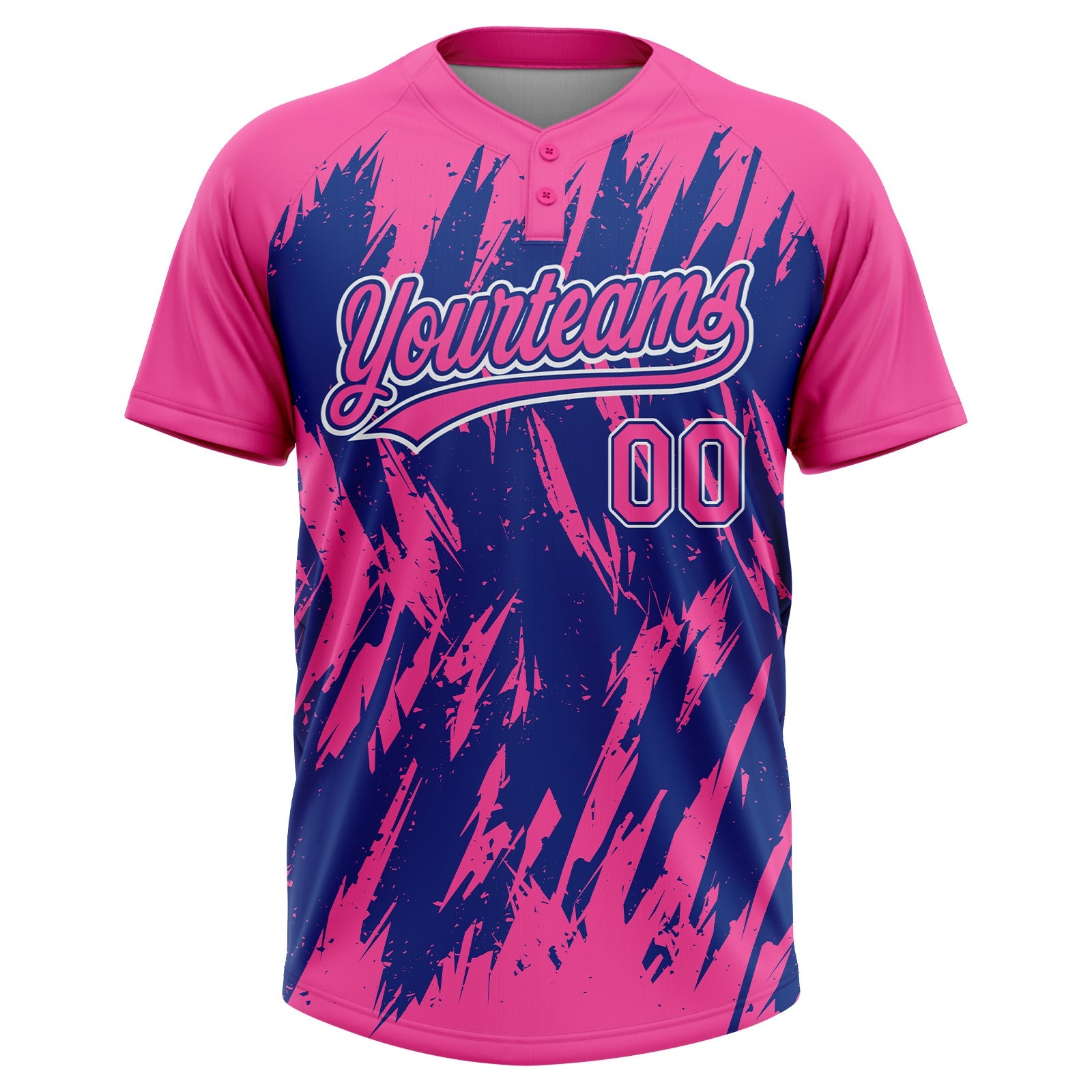 Custom Pink Royal-White Splatter Torn Sharp Brush Stroke Two-Button Unisex Softball Jersey