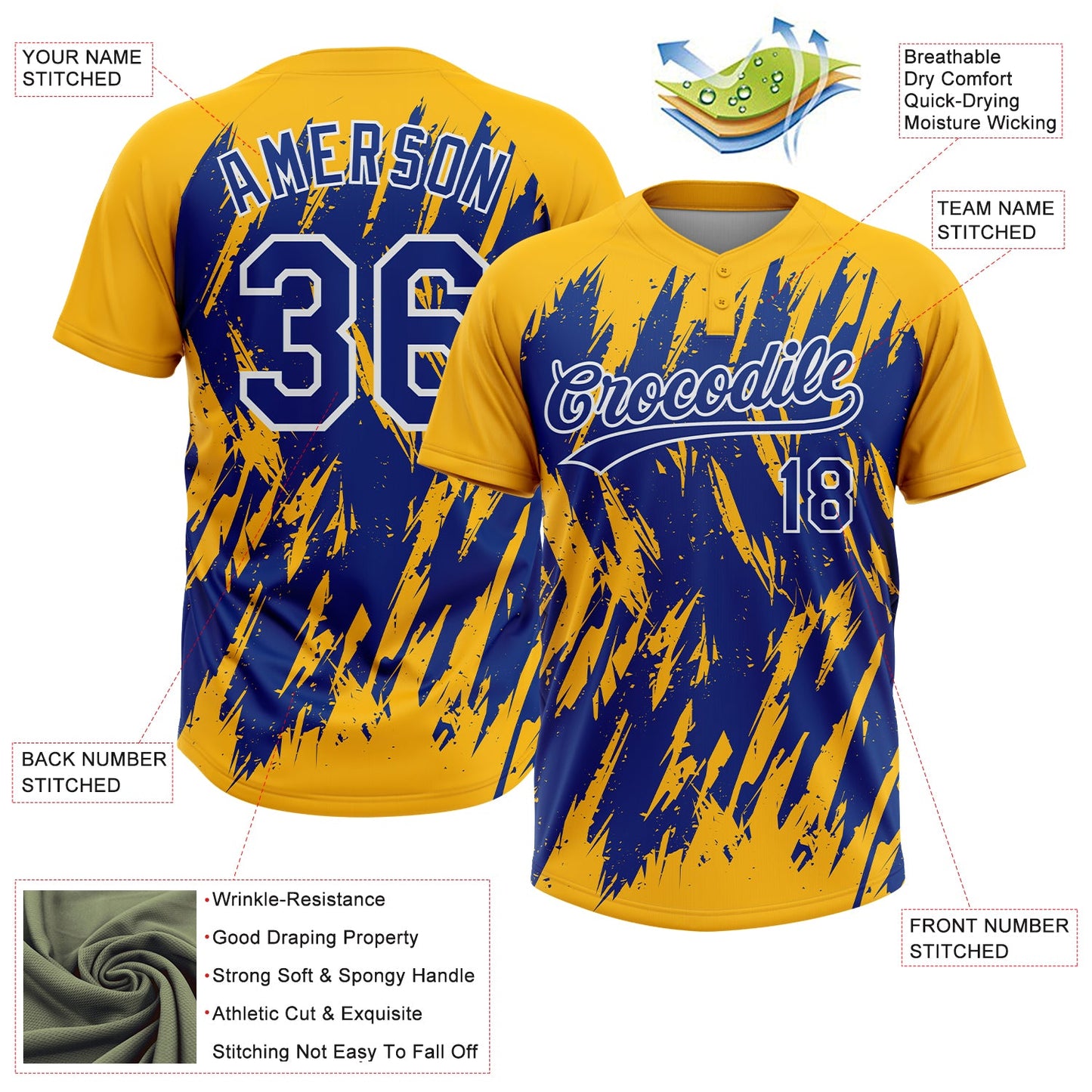Custom Gold Royal-White Splatter Torn Sharp Brush Stroke Two-Button Unisex Softball Jersey