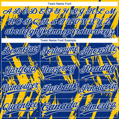 Custom Gold Royal-White Splatter Torn Sharp Brush Stroke Two-Button Unisex Softball Jersey