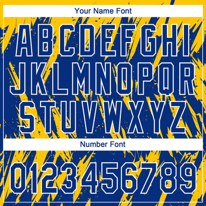 Custom Gold Royal-White Splatter Torn Sharp Brush Stroke Two-Button Unisex Softball Jersey