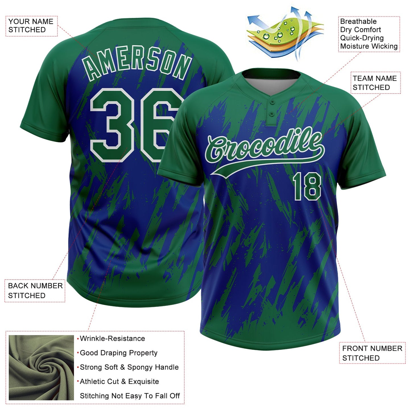 Custom Kelly Green Royal-White Splatter Torn Sharp Brush Stroke Two-Button Unisex Softball Jersey