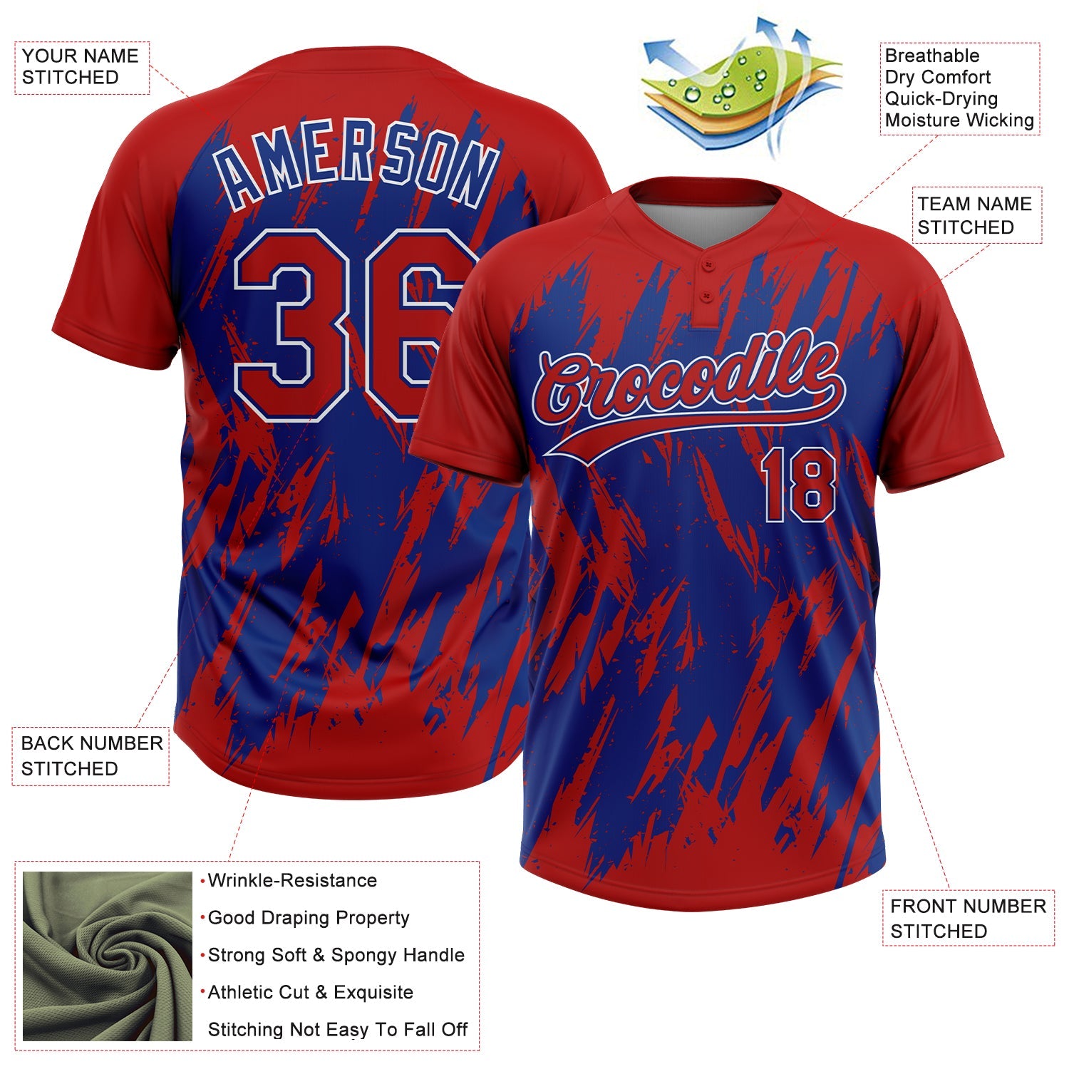 Custom Red Royal-White Splatter Torn Sharp Brush Stroke Two-Button Unisex Softball Jersey