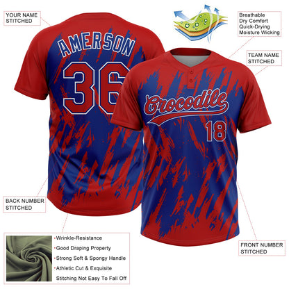 Custom Red Royal-White Splatter Torn Sharp Brush Stroke Two-Button Unisex Softball Jersey