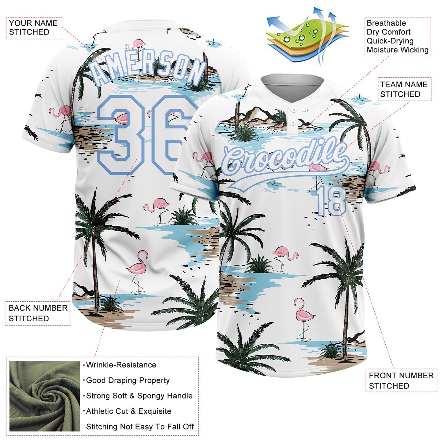 Custom White Light Blue Tropical Hawaii Palm Trees And Flamingo Two-Button Unisex Softball Jersey