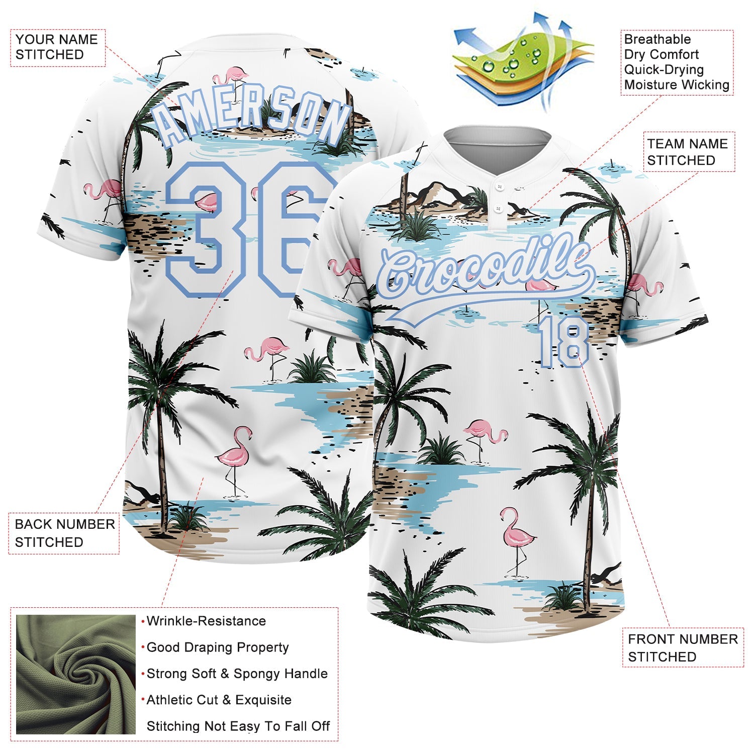 Custom White Light Blue Tropical Hawaii Palm Trees And Flamingo Two-Button Unisex Softball Jersey