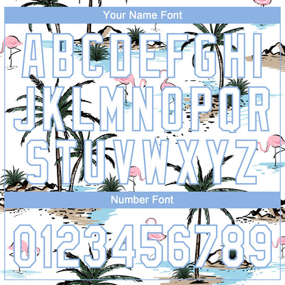 Custom White Light Blue Tropical Hawaii Palm Trees And Flamingo Two-Button Unisex Softball Jersey