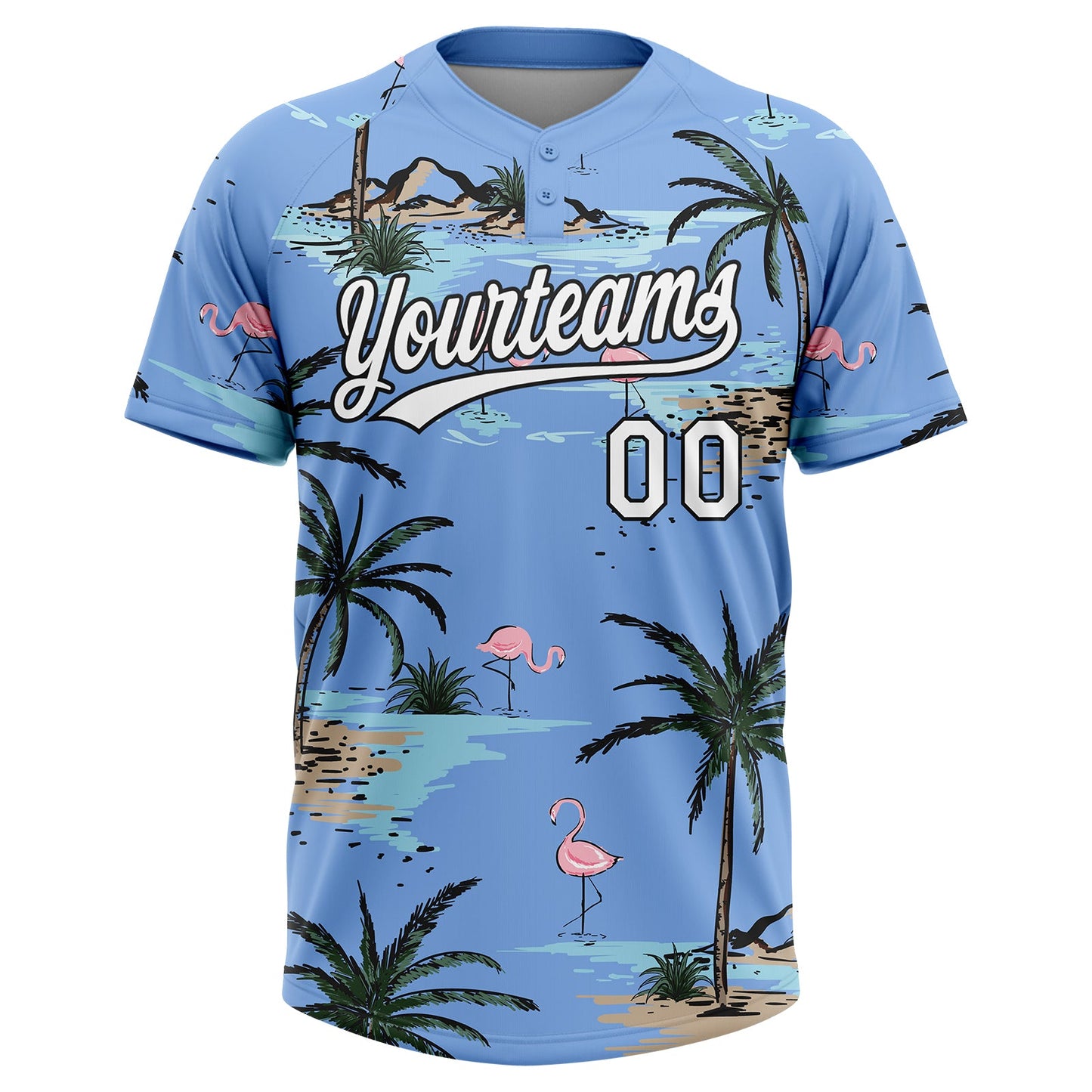 Custom Light Blue White-Black Tropical Hawaii Palm Trees And Flamingo Two-Button Unisex Softball Jersey