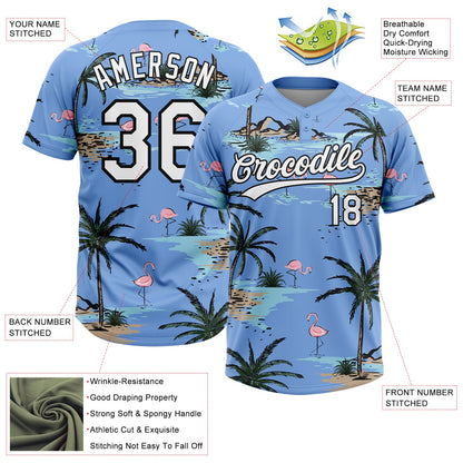 Custom Light Blue White-Black Tropical Hawaii Palm Trees And Flamingo Two-Button Unisex Softball Jersey