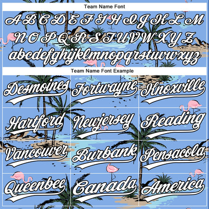 Custom Light Blue White-Black Tropical Hawaii Palm Trees And Flamingo Two-Button Unisex Softball Jersey