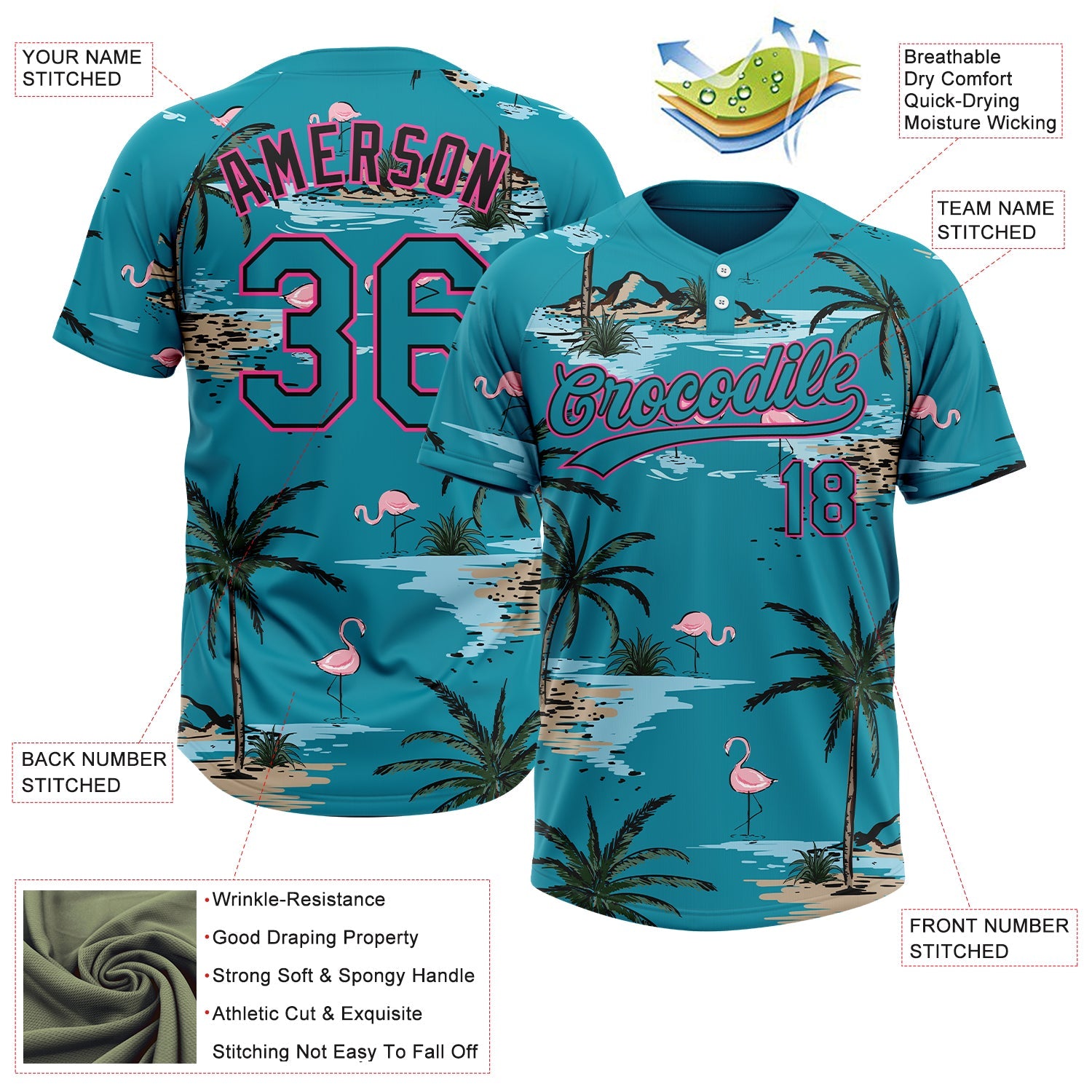 Custom Teal Black-Pink Tropical Hawaii Palm Trees And Flamingo Two-Button Unisex Softball Jersey