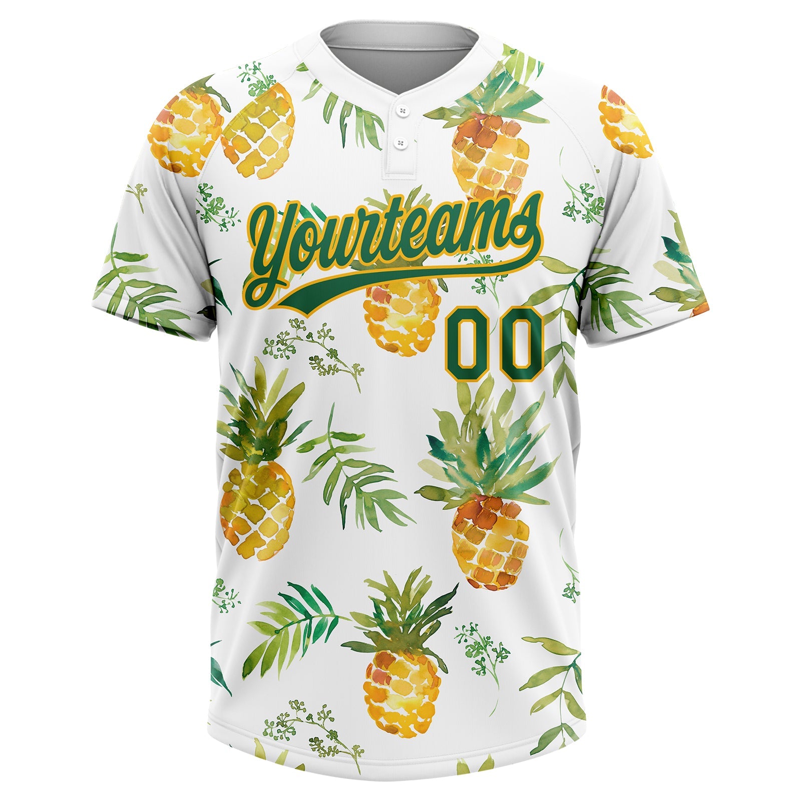 Custom White Kelly Green-Gold Hawaii Fruit Pineapples Two-Button Unisex Softball Jersey