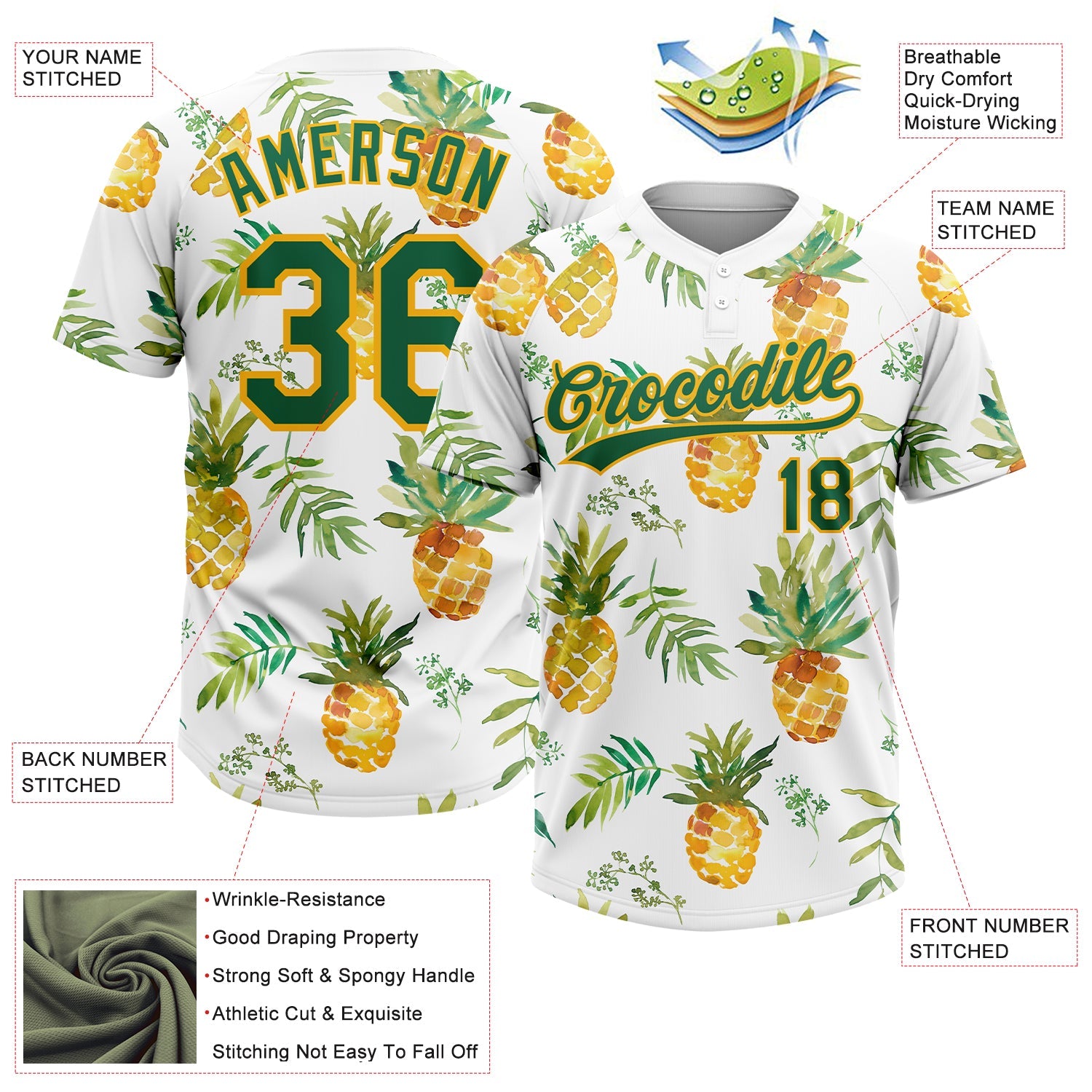 Custom White Kelly Green-Gold Hawaii Fruit Pineapples Two-Button Unisex Softball Jersey