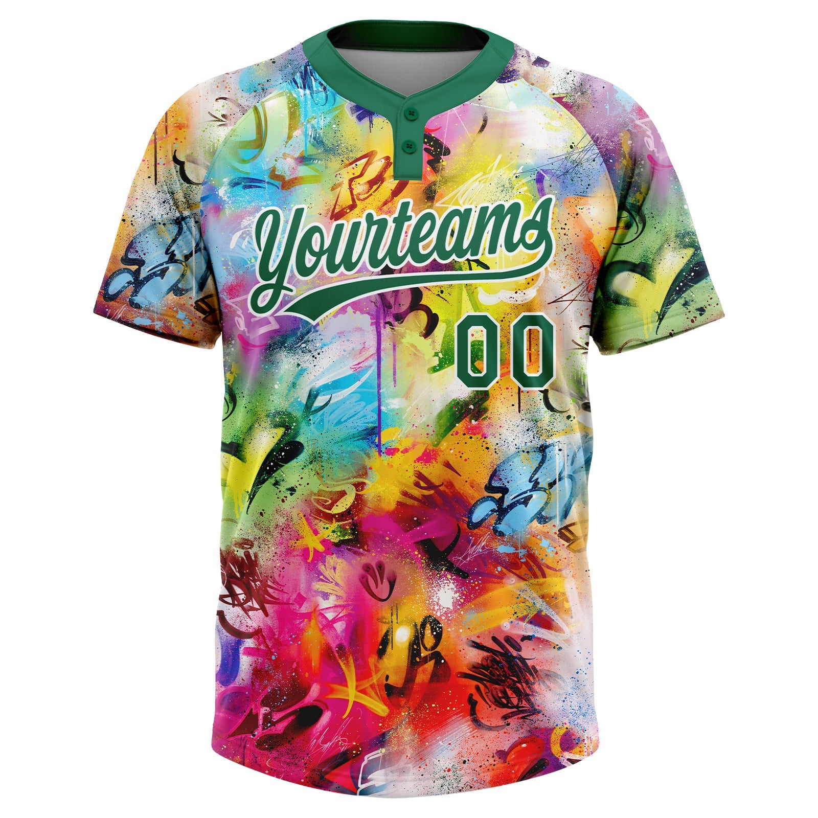Custom Graffiti Pattern Kelly Green-White Vibrant Multi-Color Street Style Two-Button Unisex Softball Jersey